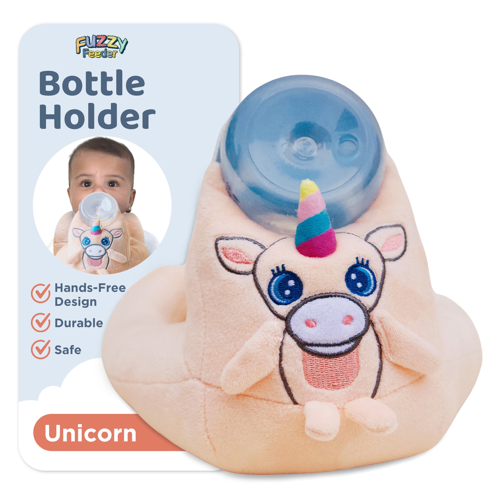 Unicorn-shaped bottle holder with packaging featuring a baby and text about product features.