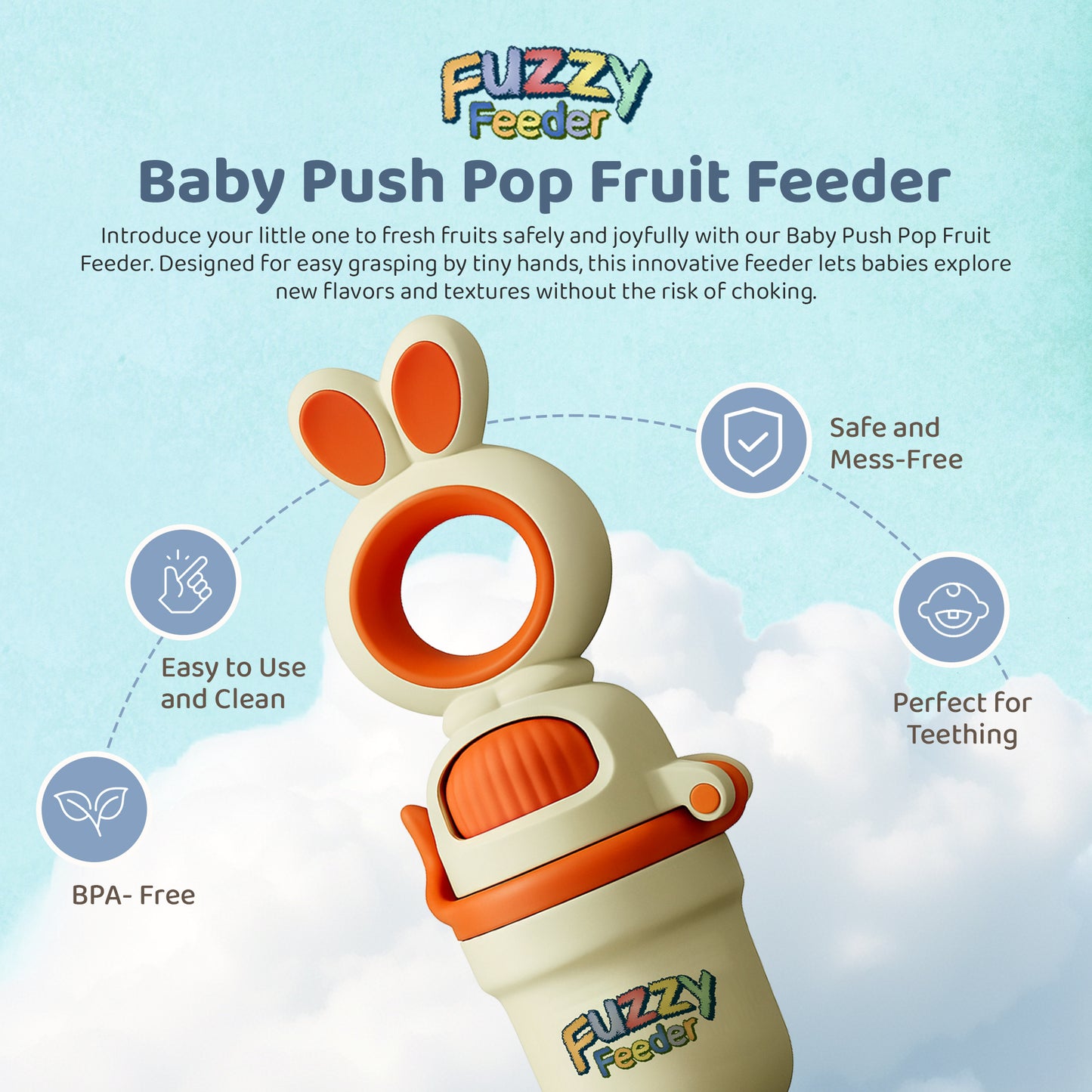Fuzzy Feeder™ Baby Push Pop Fruit Feeder – No-Mess Feeding Solution - Orange