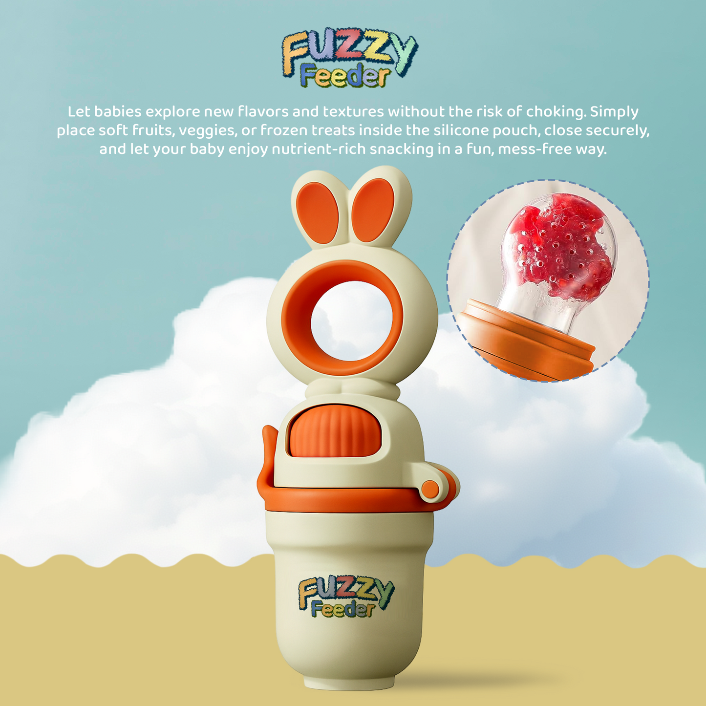 Fuzzy Feeder™ Baby Push Pop Fruit Feeder – No-Mess Feeding Solution - Orange