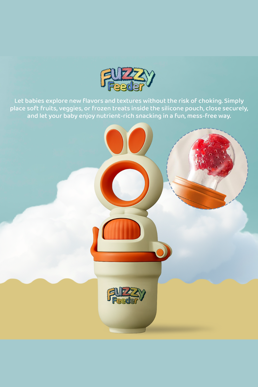 Fuzzy Feeder™ Baby Push Pop Fruit Feeder – No-Mess Feeding Solution - Orange